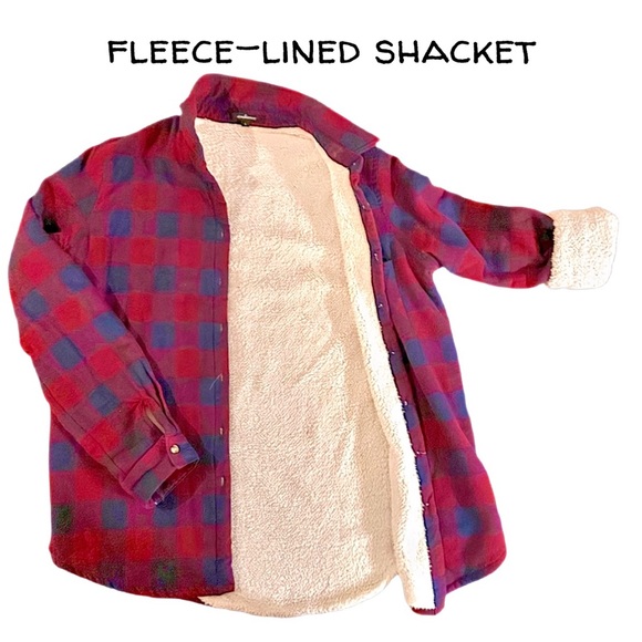 Ambiance Shacket Womens L Soft Fleece Red & Blue Plaid Button Front Pocket Shirt - Picture 2 of 13